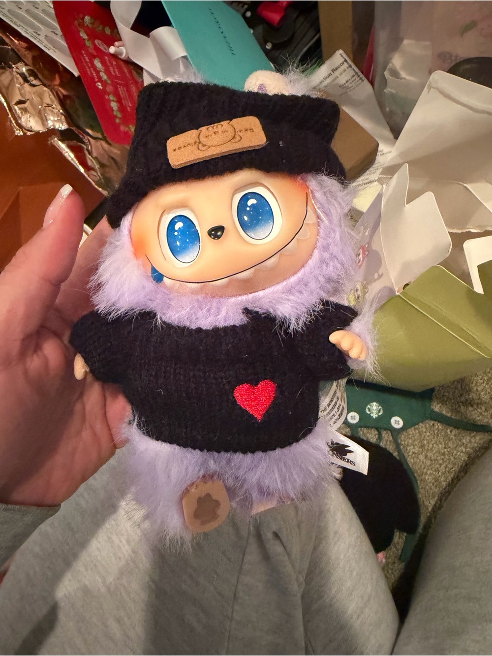 Cute Lavender Plush Small Pet Toy with Black Sweater and Heart